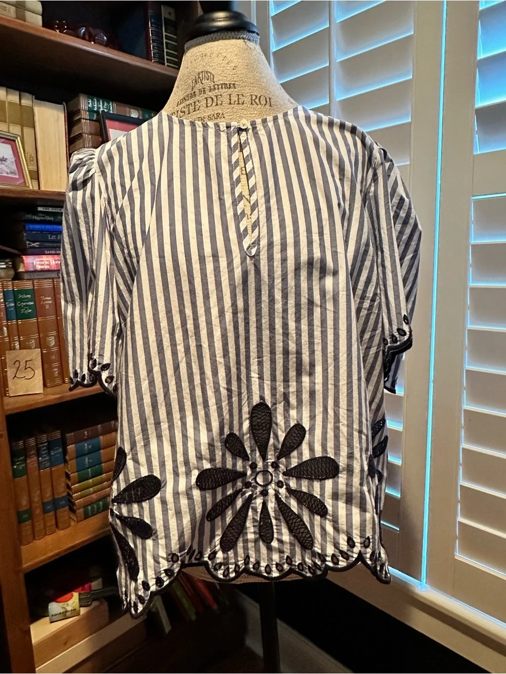 LOFT Navy and White Striped Embroidered Puff Sleeve Blouse
